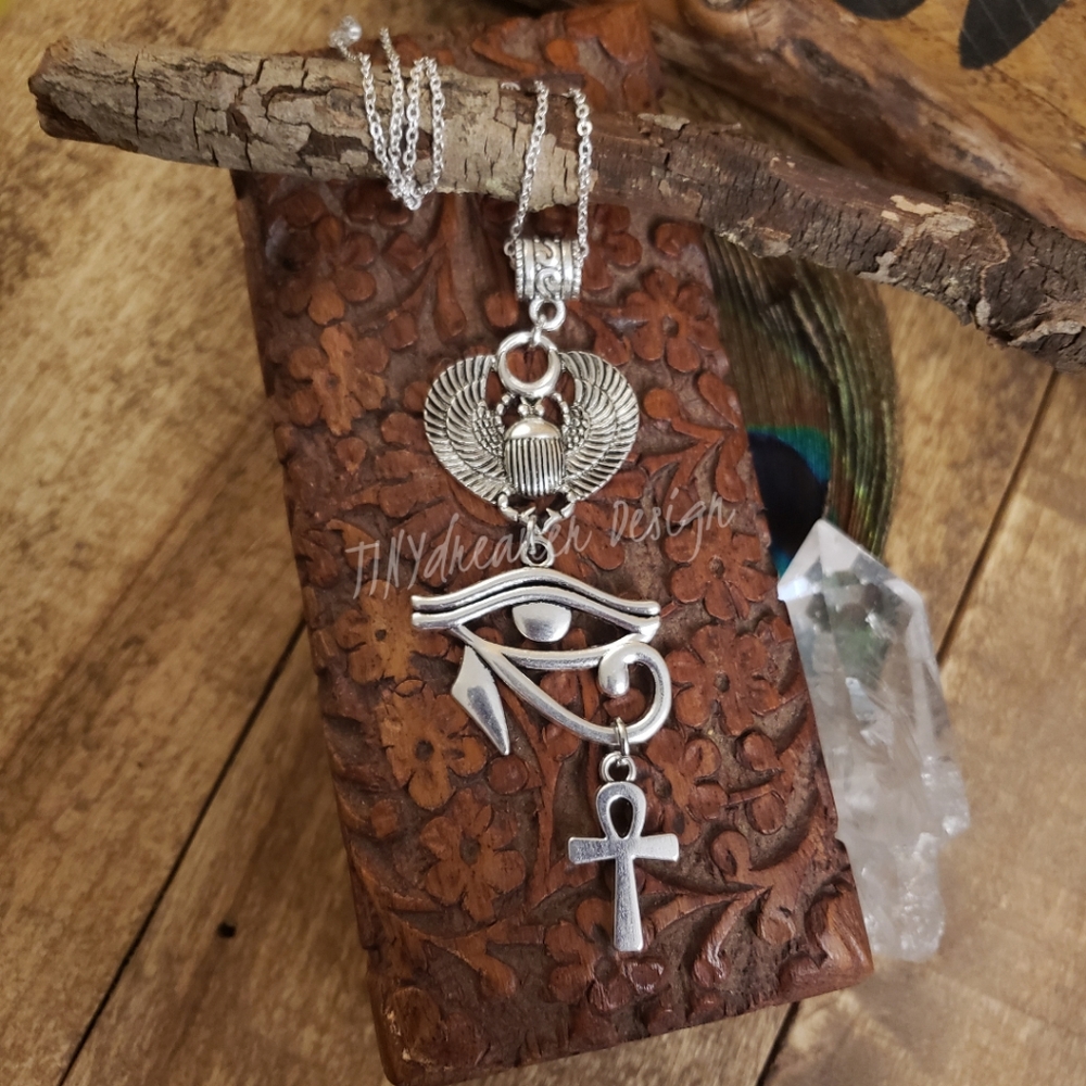 Egyptian Silver Scarab Eye of Horus Ankh Pendant 925 Necklace Eye of Ra Egypt